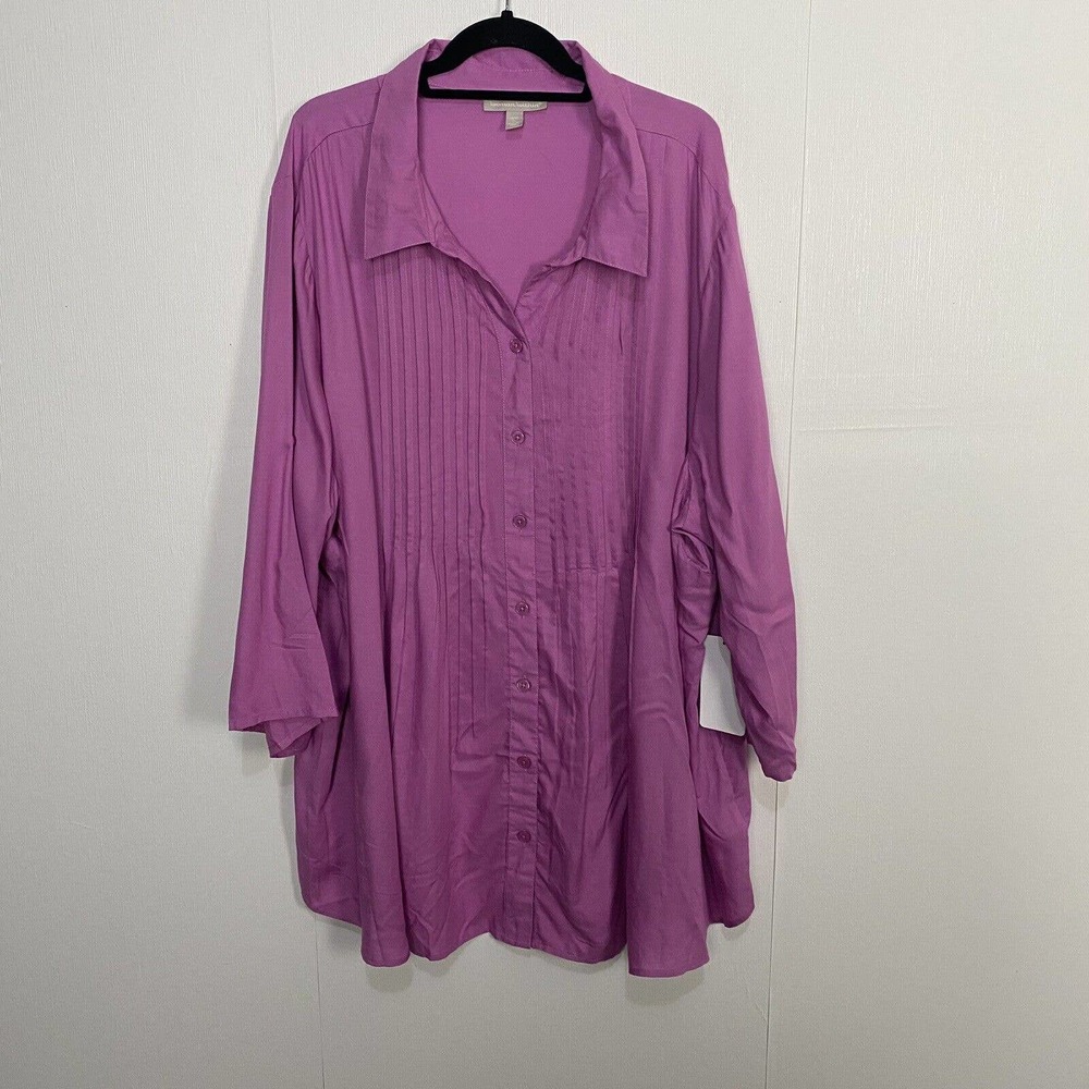 Woman Within Pintuck Shirt Womens Purple 3/4 Roll Tab Sleeve Size 3X 30/32.